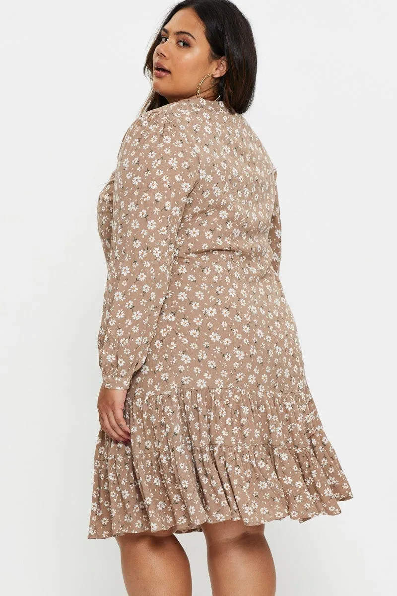 Floral Print Skater Dress Long Sleeve Ruffle Hem Park Bench