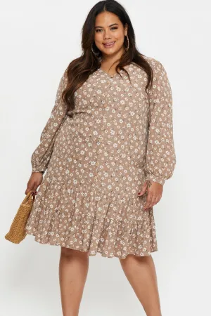 Midi dress with waist tie Light and breathable daywear Floral Print Skater Dress Long Sleeve Ruffle Hem