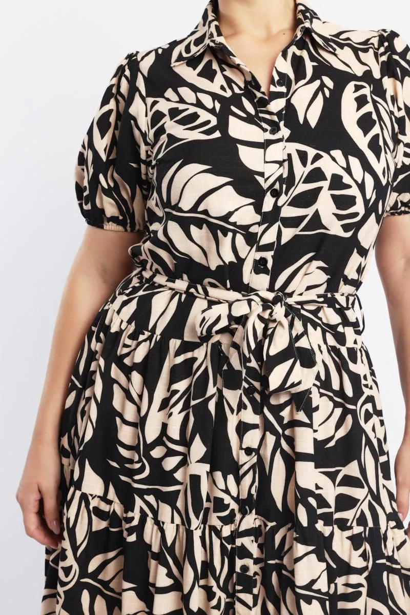 Black Floral Midi Dress Short Sleeve Shirt Floral Seasonal Wear