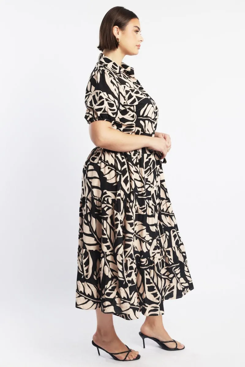 Minimalist Design Sophisticated Look Black Floral Midi Dress Short Sleeve Shirt Floral