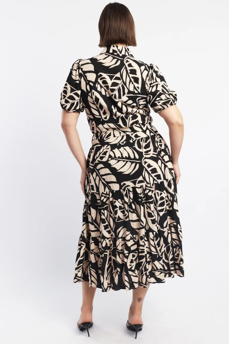 Black Floral Midi Dress Short Sleeve Shirt Floral Quick Layer Versatile Wardrobe