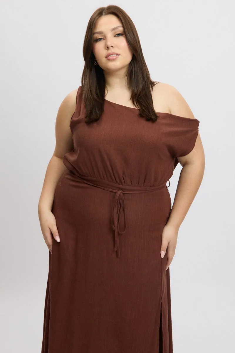 Perfectly Fitted Brown Midi Dress Short Sleeve Asymmetric Shoulder