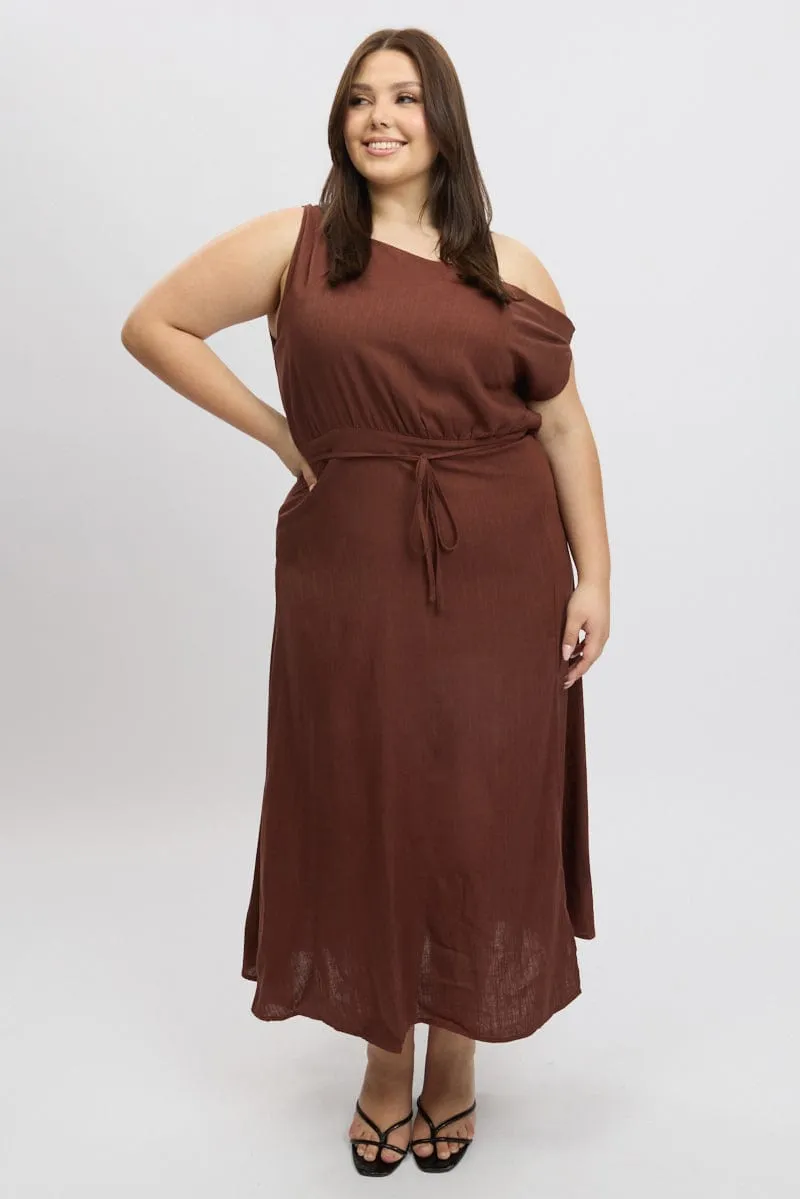 Fall Layers Brown Midi Dress Short Sleeve Asymmetric Shoulder
