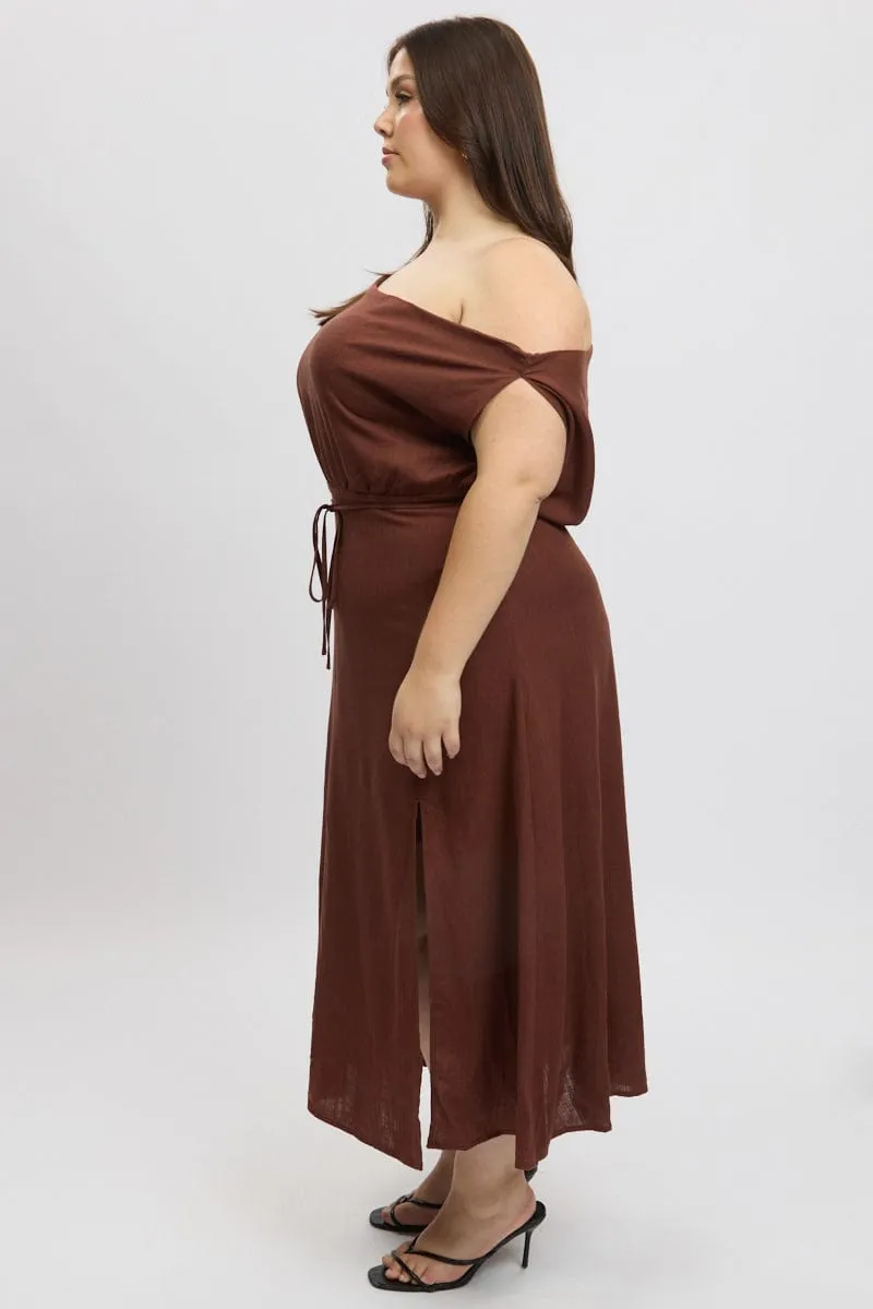 Brown Midi Dress Short Sleeve Asymmetric Shoulder Casual Wear Bazaar Lane