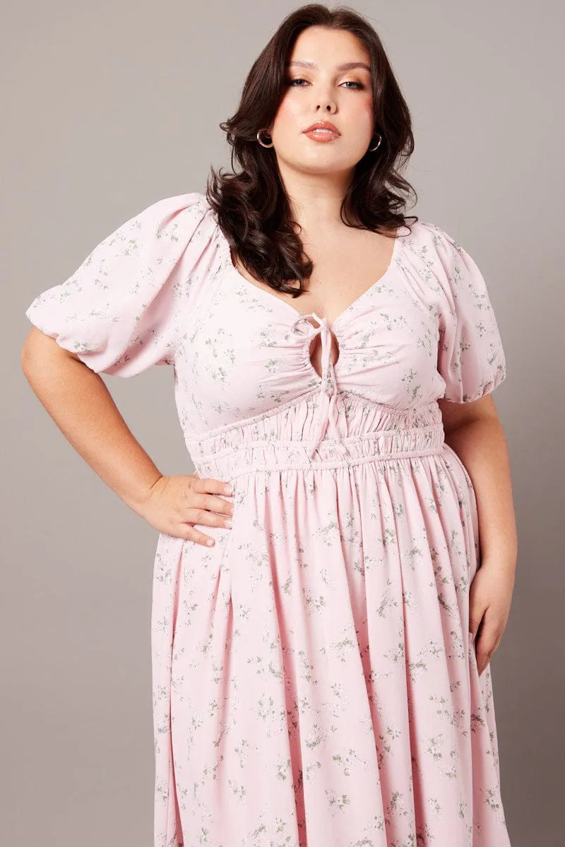 Pink Ditsy Midi Dress Short Sleeve Ruched Bust Polished Style Maternity Look