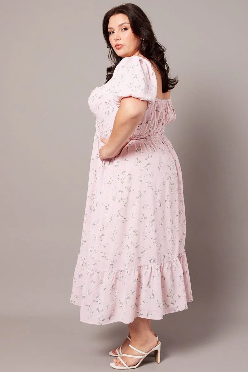 Pink Ditsy Midi Dress Short Sleeve Ruched Bust Star Light
