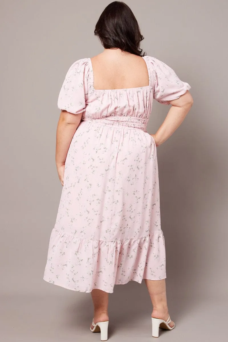 Pink Ditsy Midi Dress Short Sleeve Ruched Bust Young Professional Film Night