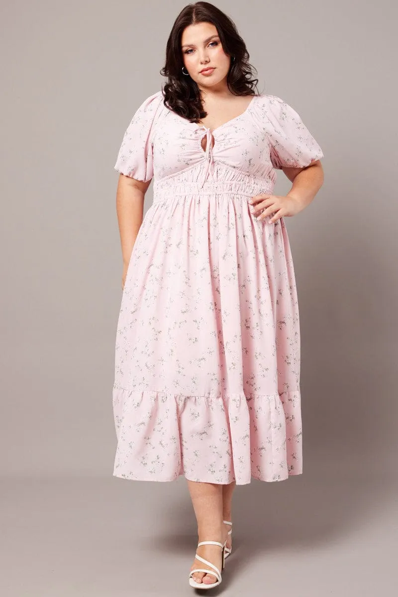 Event Ready Pink Ditsy Midi Dress Short Sleeve Ruched Bust