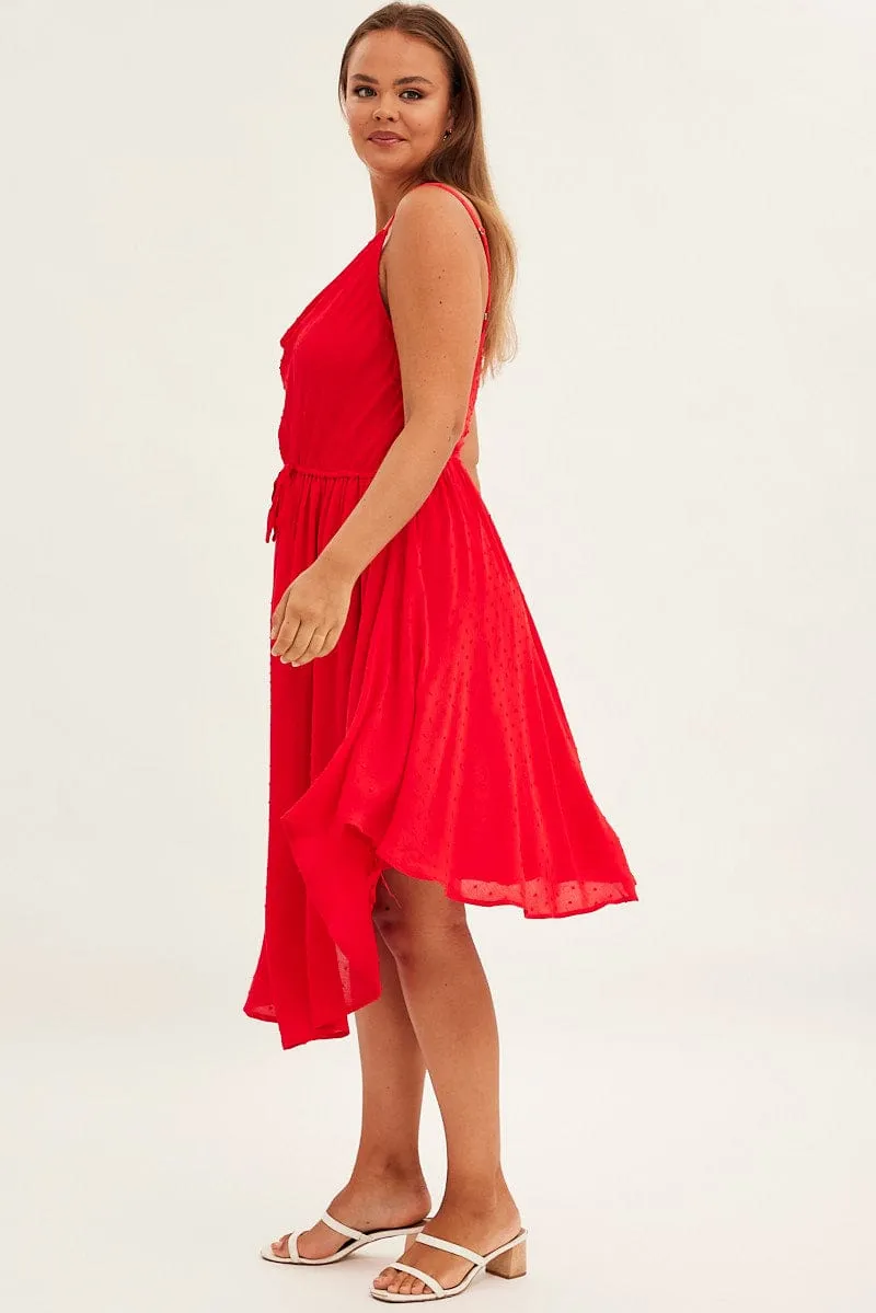 Elegant knee-length dress Modern Comfort Red Party Dress Strappy V Hem Crinkle Dobby Viscose