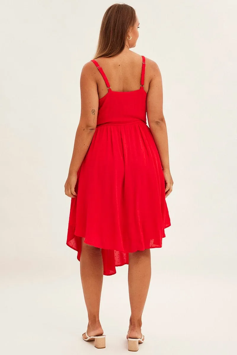 Red Party Dress Strappy V Hem Crinkle Dobby Viscose Easy Fashion