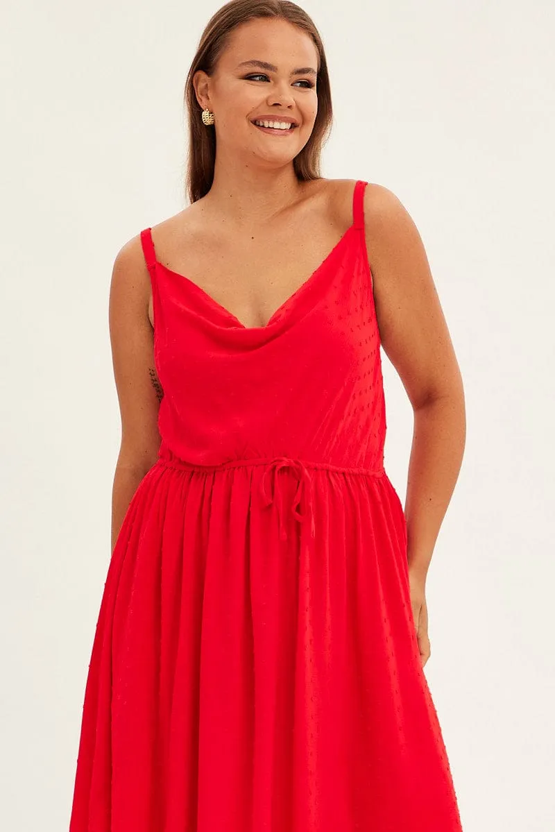 Red Party Dress Strappy V Hem Crinkle Dobby Viscose Chic Outfit