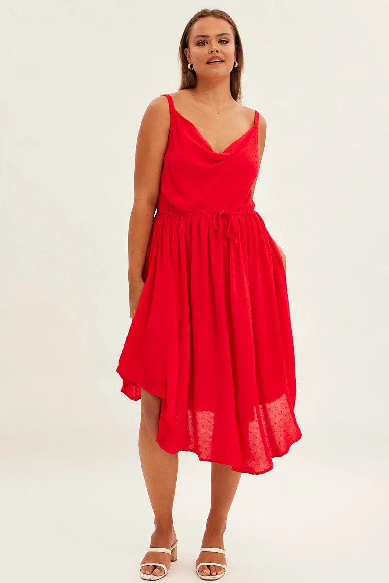 Fur Warm Style Versatile Red Party Dress Strappy V Hem Crinkle Dobby Viscose