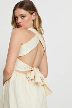 Beige Mini Dress Linen Flirty Look