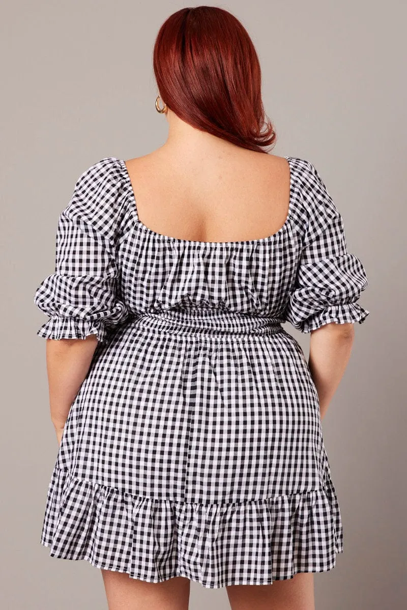 Birthday Bash Black Check Mini Dress 3/4 Sleeve Shirred Gingham