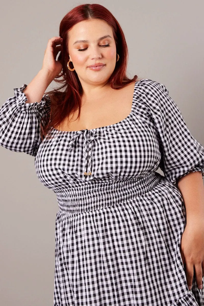 Black Check Mini Dress 3/4 Sleeve Shirred Gingham skin friendly