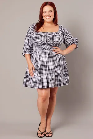 Vibrant Colors Black Check Mini Dress 3/4 Sleeve Shirred Gingham