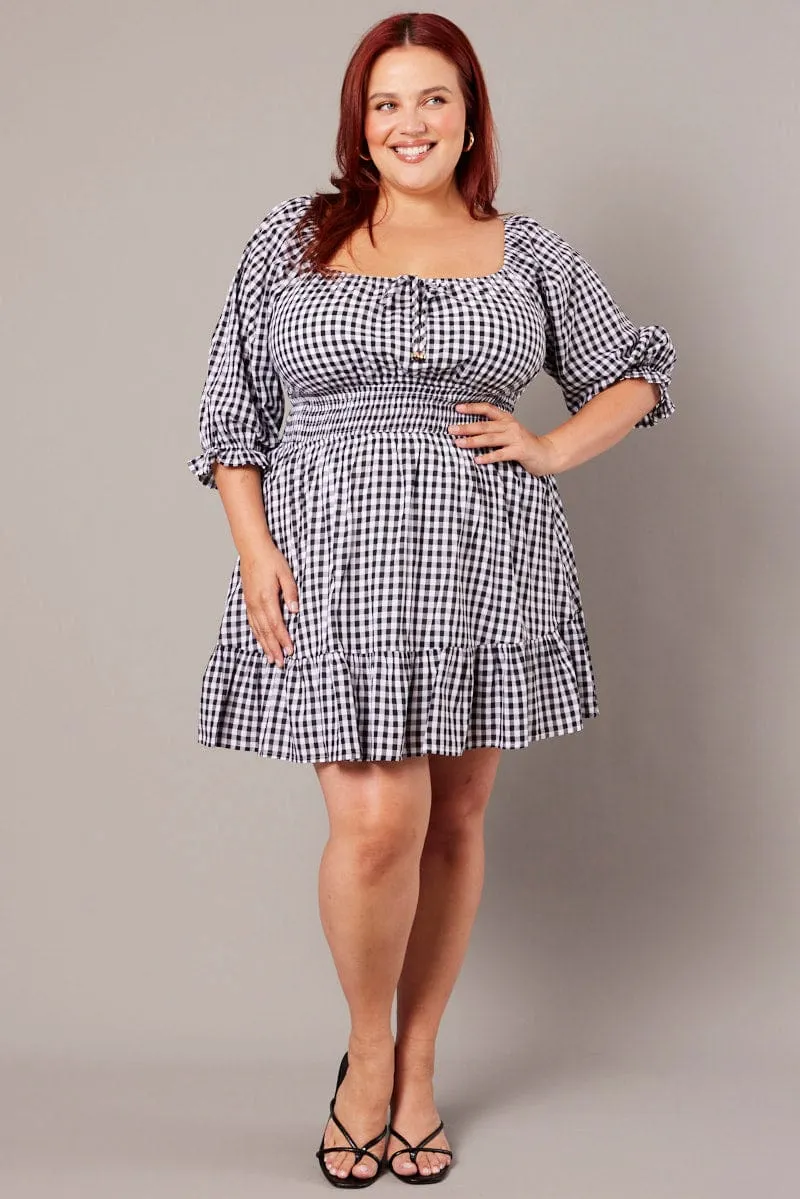 Vibrant Colors Black Check Mini Dress 3/4 Sleeve Shirred Gingham