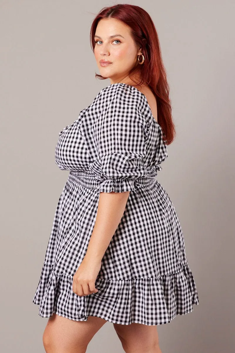 Black Check Mini Dress 3/4 Sleeve Shirred Gingham All Season Fashion Cozy Fashion Wear