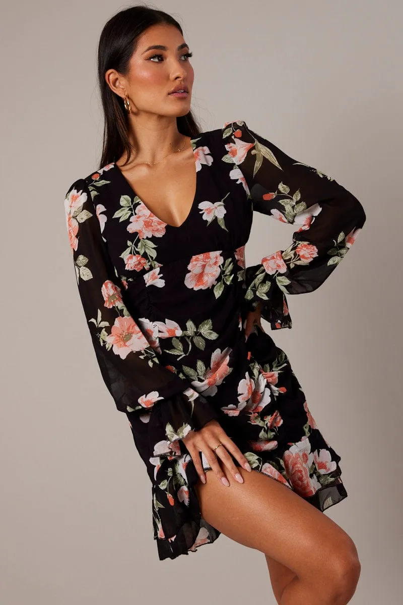Street Chic Edge Mode Black Floral Ruffle Dress Long Sleeve Flared Cuff Mini Dress