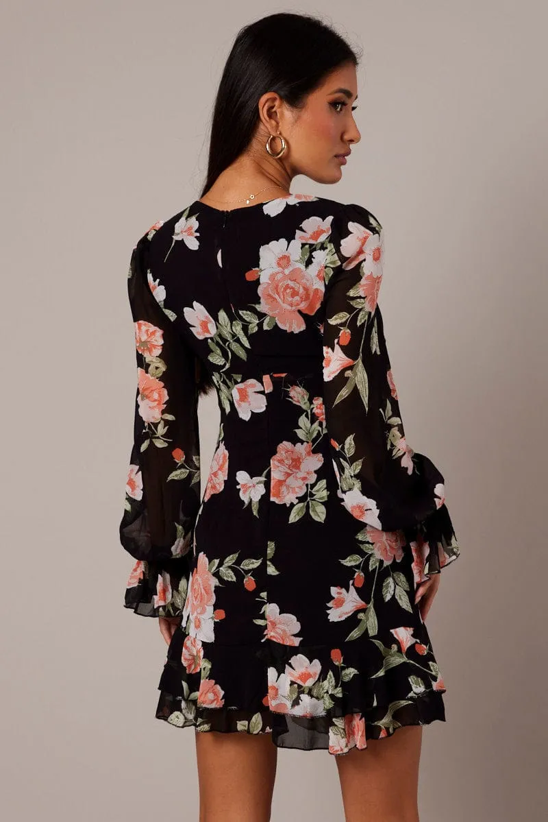 Bar Pop Sexy yet elegant mini Black Floral Ruffle Dress Long Sleeve Flared Cuff Mini Dress