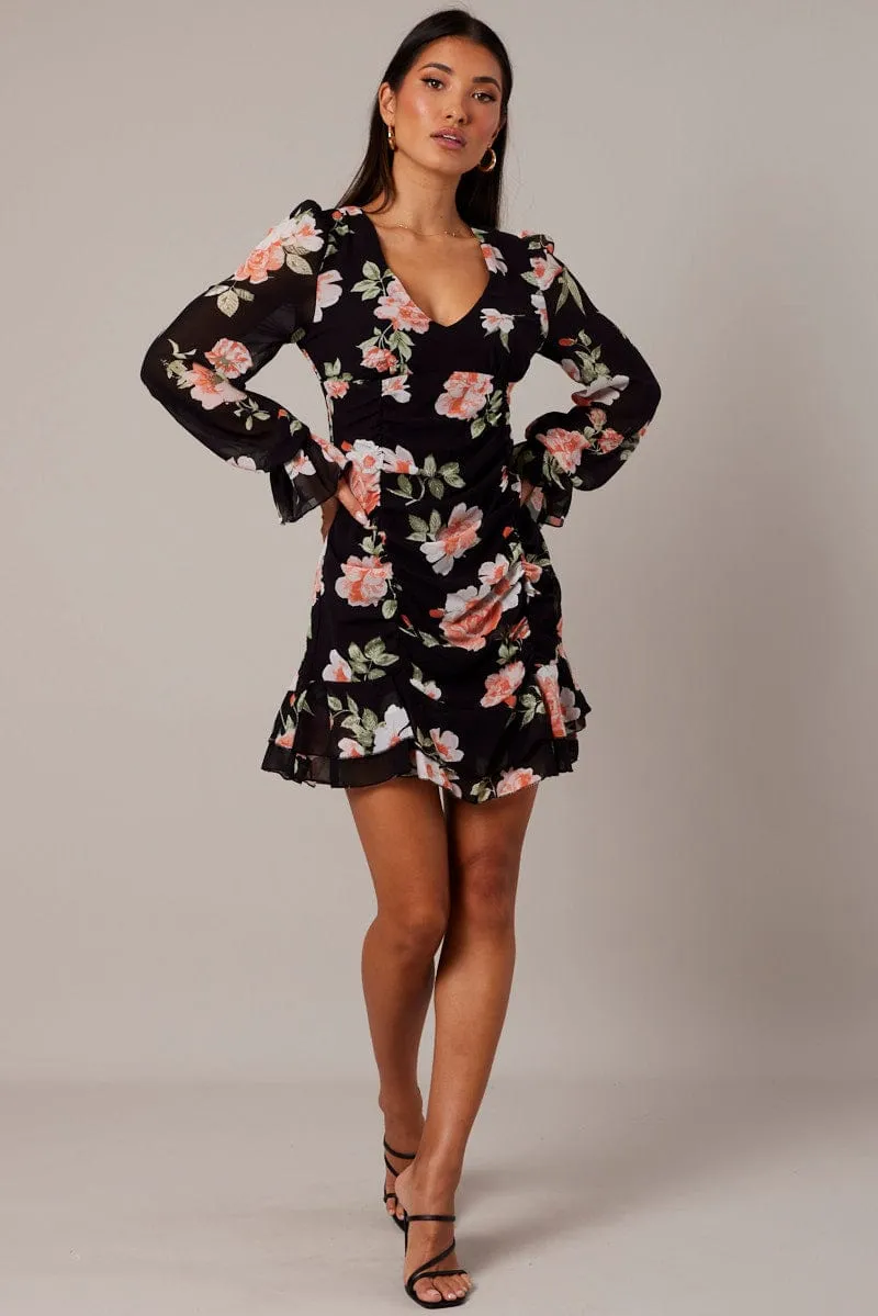 Star Beat Trend Glow Black Floral Ruffle Dress Long Sleeve Flared Cuff Mini Dress