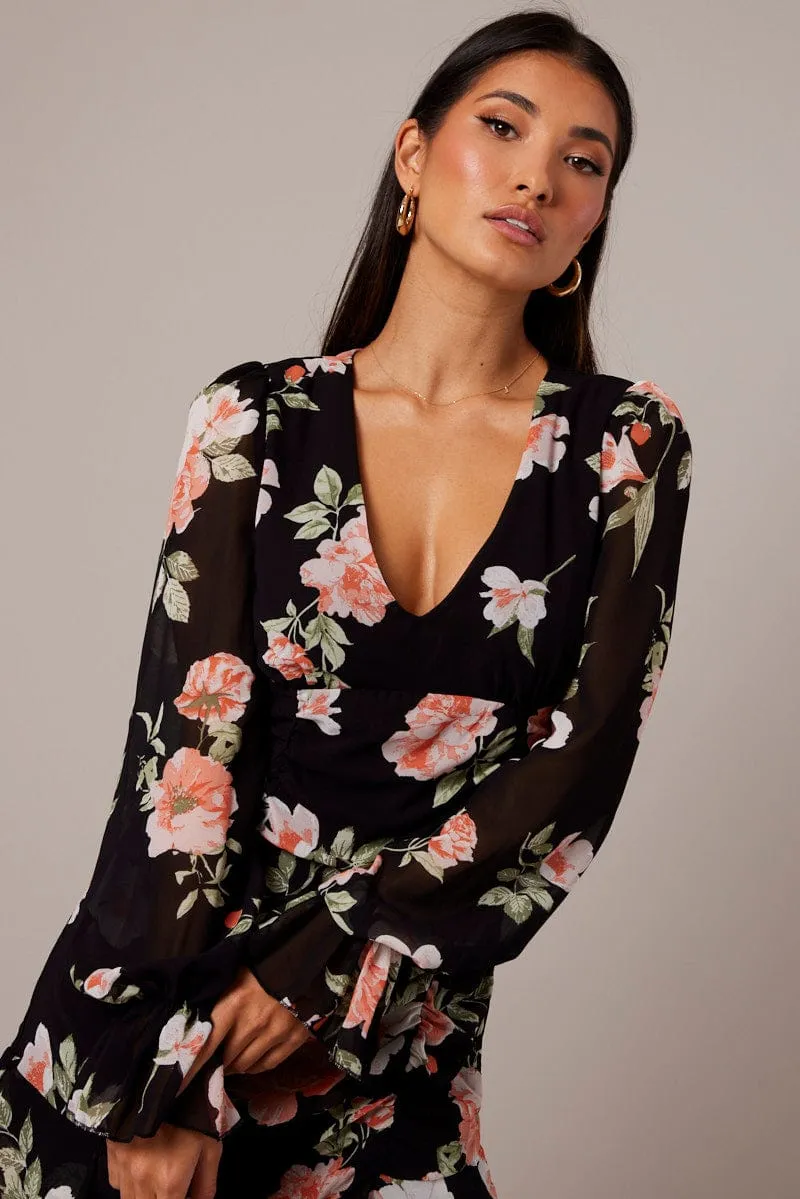 Light Soft Black Floral Ruffle Dress Long Sleeve Flared Cuff Mini Dress