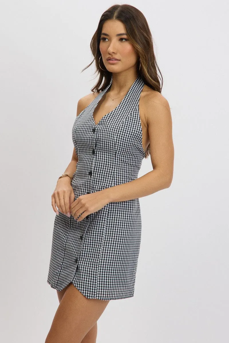 Blue Check Halter Neck Dress Mini Glow Cool Bold Wear