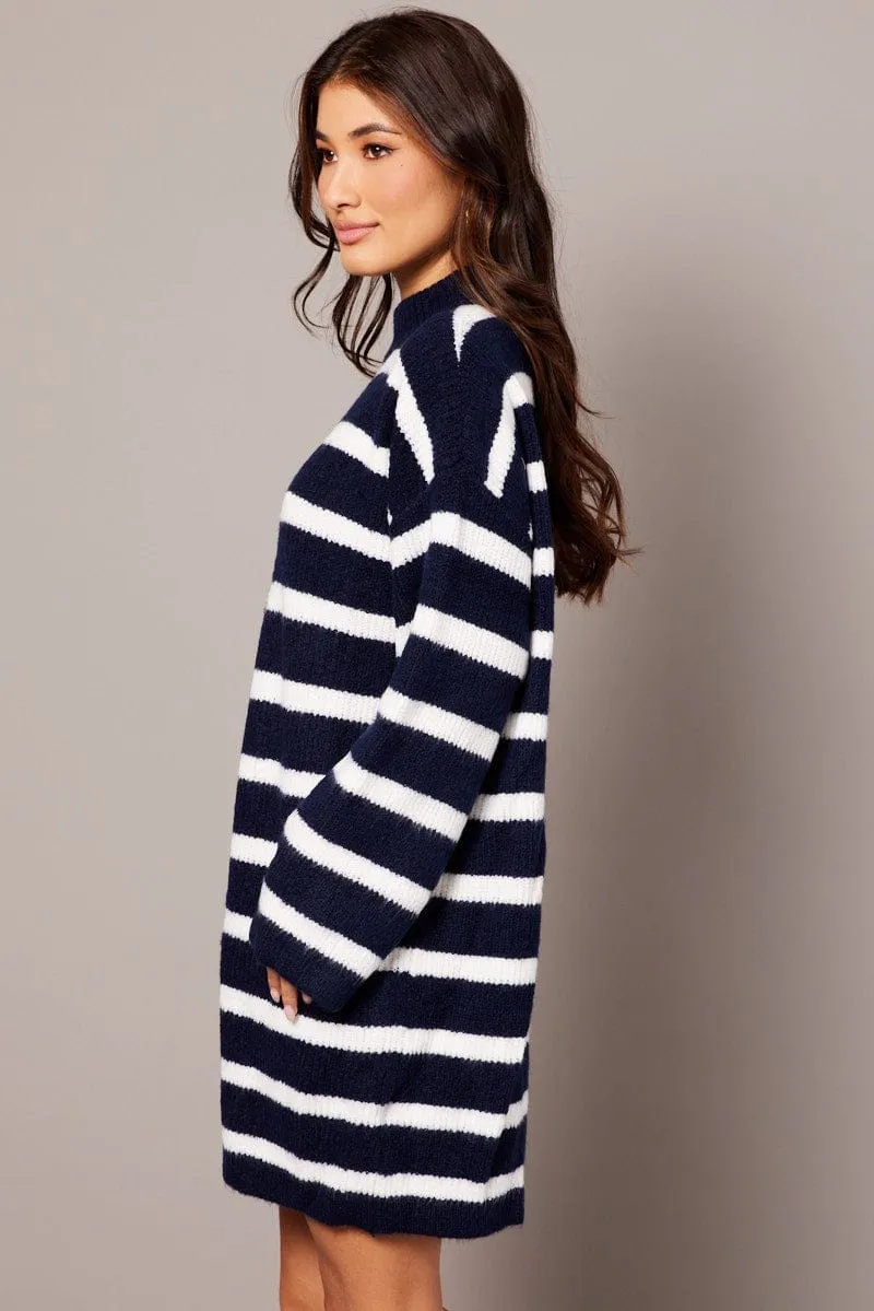 Blue Stripe Knit Jumper Dress Mini Reversible Style Flash Mode