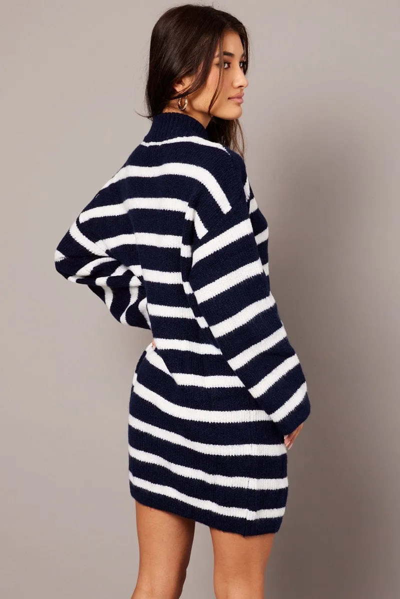 Party Ready Blue Stripe Knit Jumper Dress Mini
