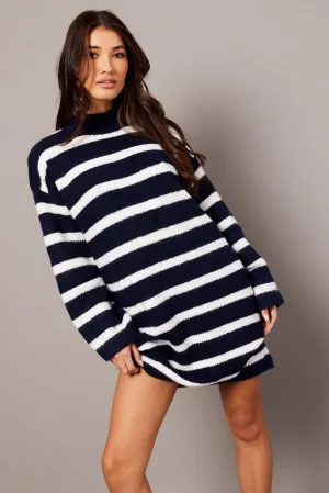 Blue Stripe Knit Jumper Dress Mini Trend Mode