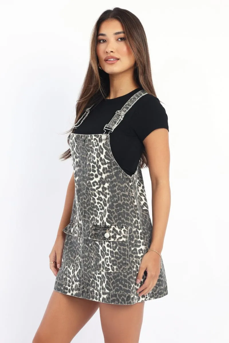 Brown Animal Print Overall Mini Dress Convertible Neckline
