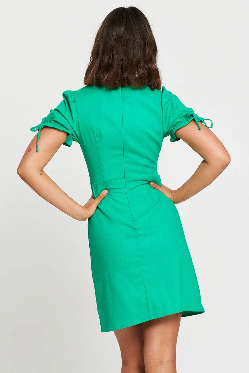 Green Mini Dress V Neck fade resistant color Layered Ruffle Accent