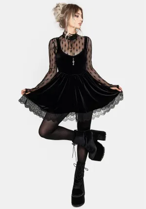 Orbweb Lace Hem Velour Mini Dress Sleek Silhouette