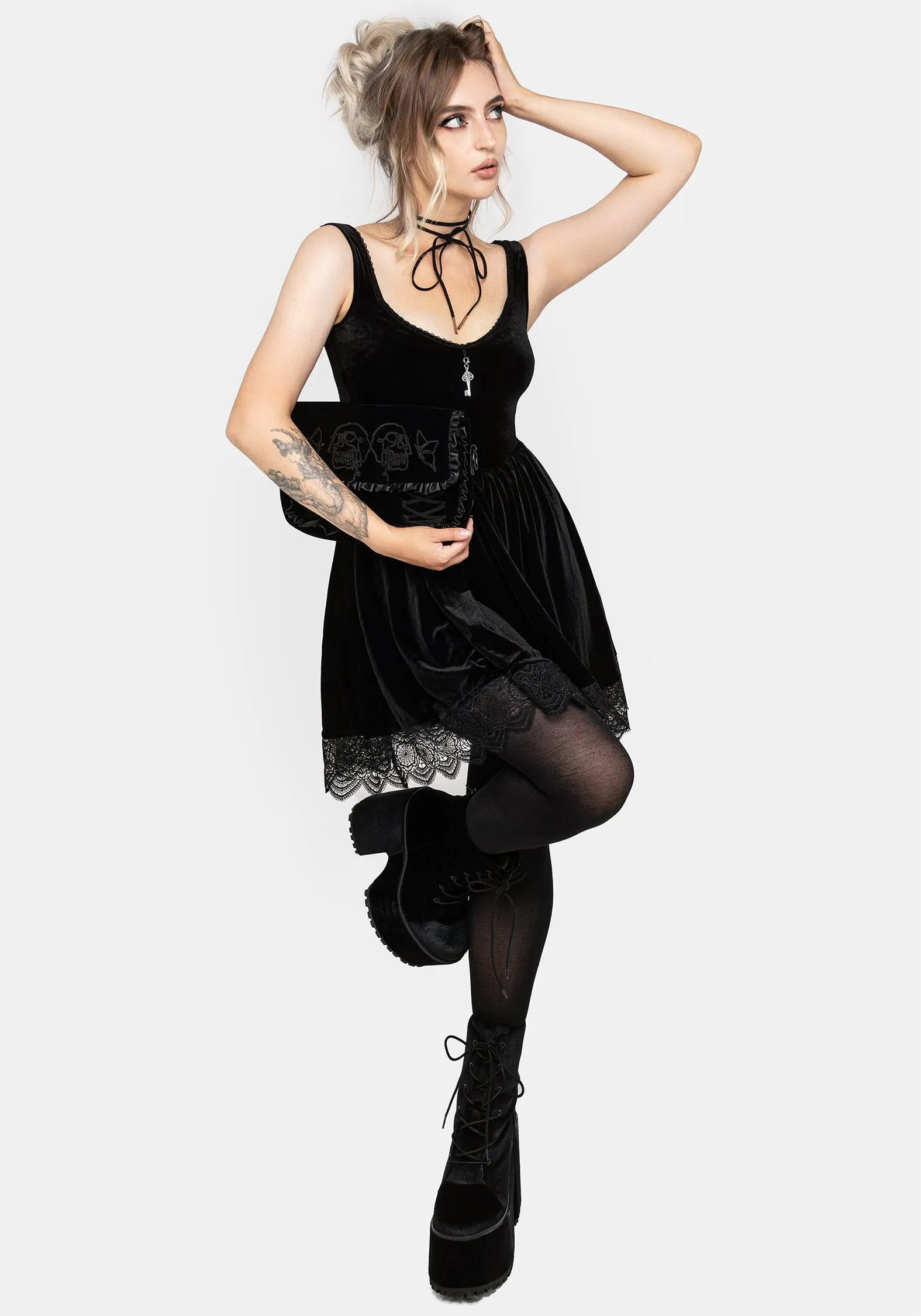 Simple Vibe Urban Soft Orbweb Lace Hem Velour Mini Dress
