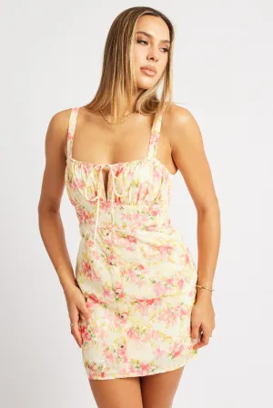 Airy Vibe Pink Floral Mini Dress Ruched Bust