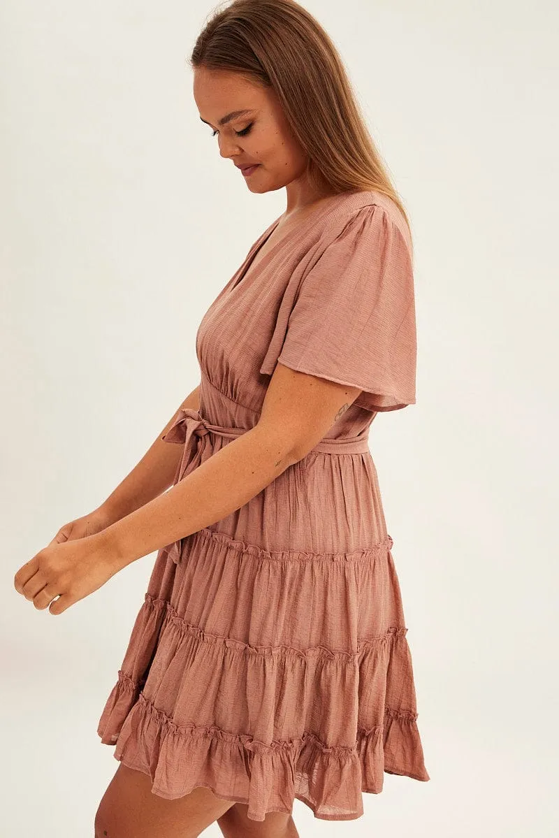 Pink Mini Dress Short Flare Sleeve Textured Frill Reinforced Elbows