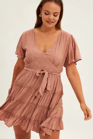 Light Mode Pink Mini Dress Short Flare Sleeve Textured Frill