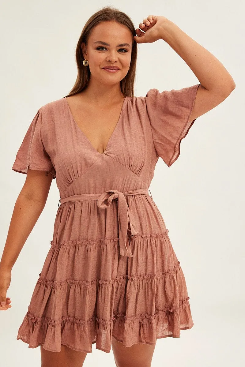Pink Mini Dress Short Flare Sleeve Textured Frill Boho Vibes Elasticized Cuff Design