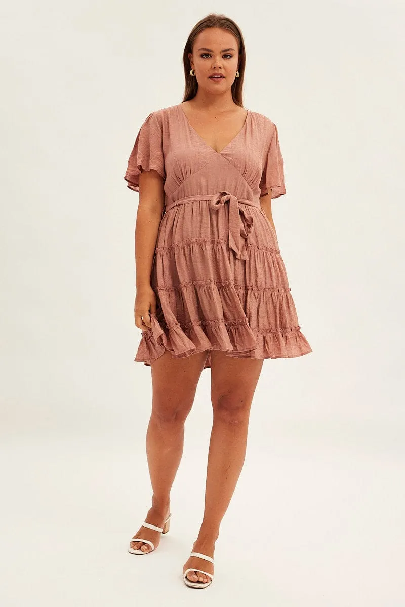 Pink Mini Dress Short Flare Sleeve Textured Frill Convertible Neckline playful mini