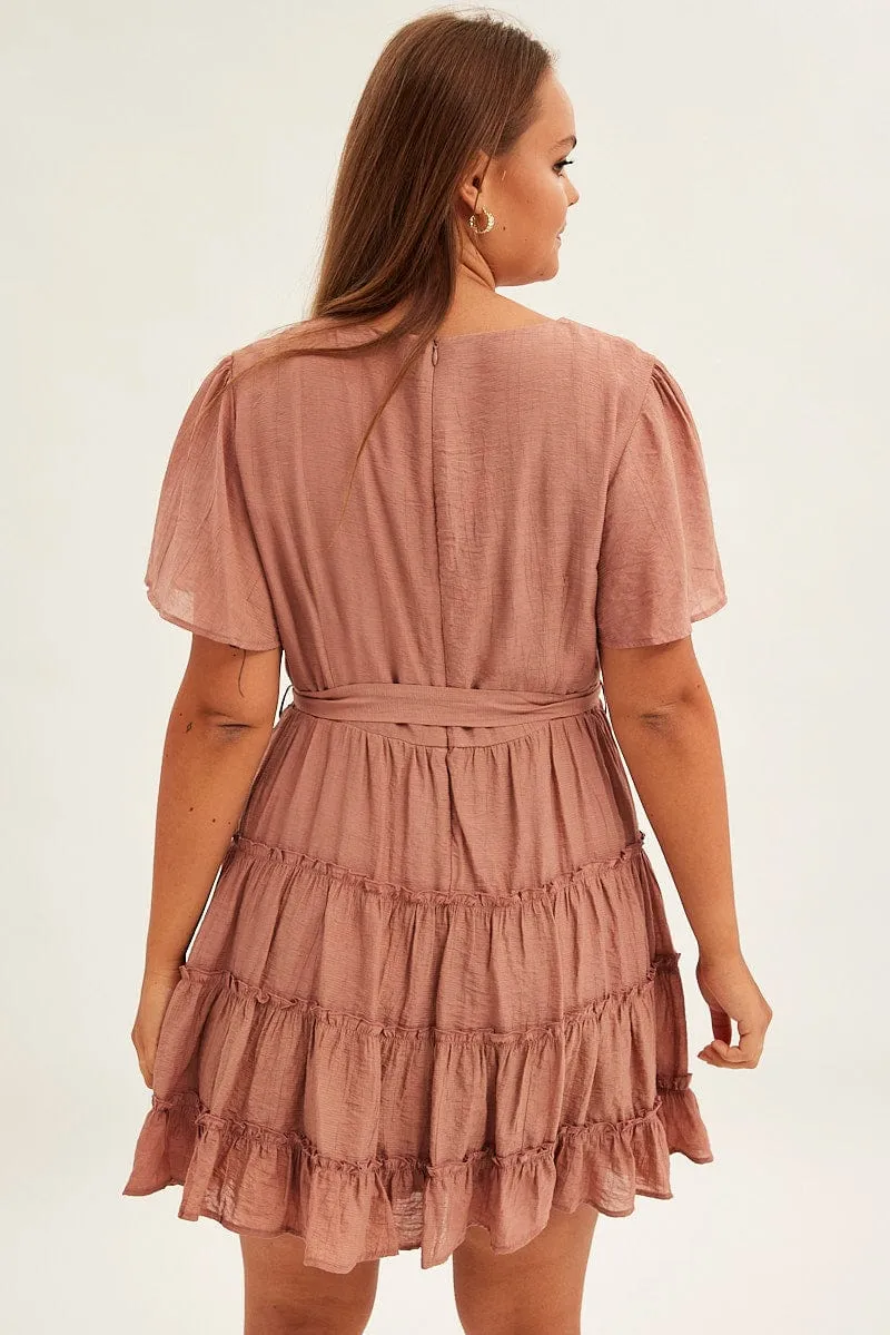 Pink Mini Dress Short Flare Sleeve Textured Frill Casual Wear