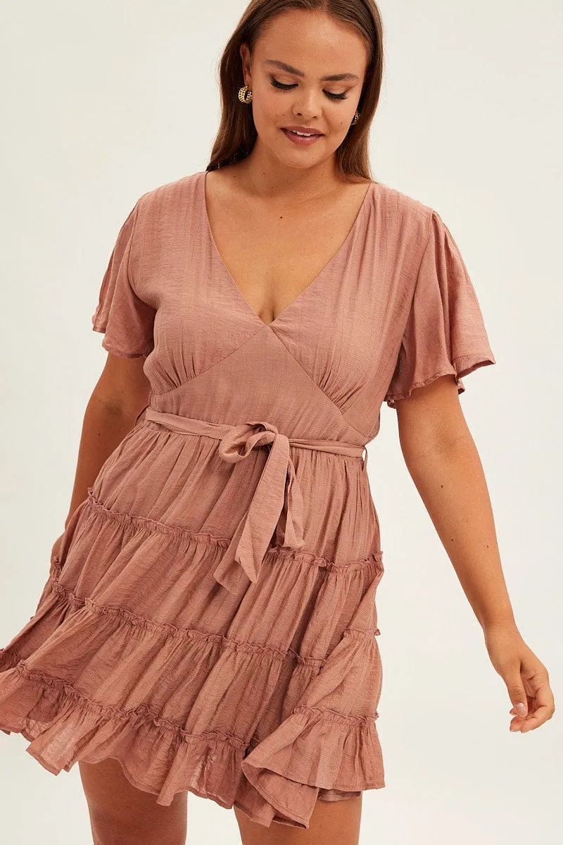 Light Mode Pink Mini Dress Short Flare Sleeve Textured Frill