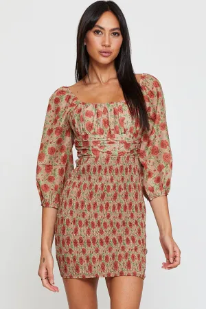 Print Mini Dress Long Sleeve Bodycon Flattering Cut