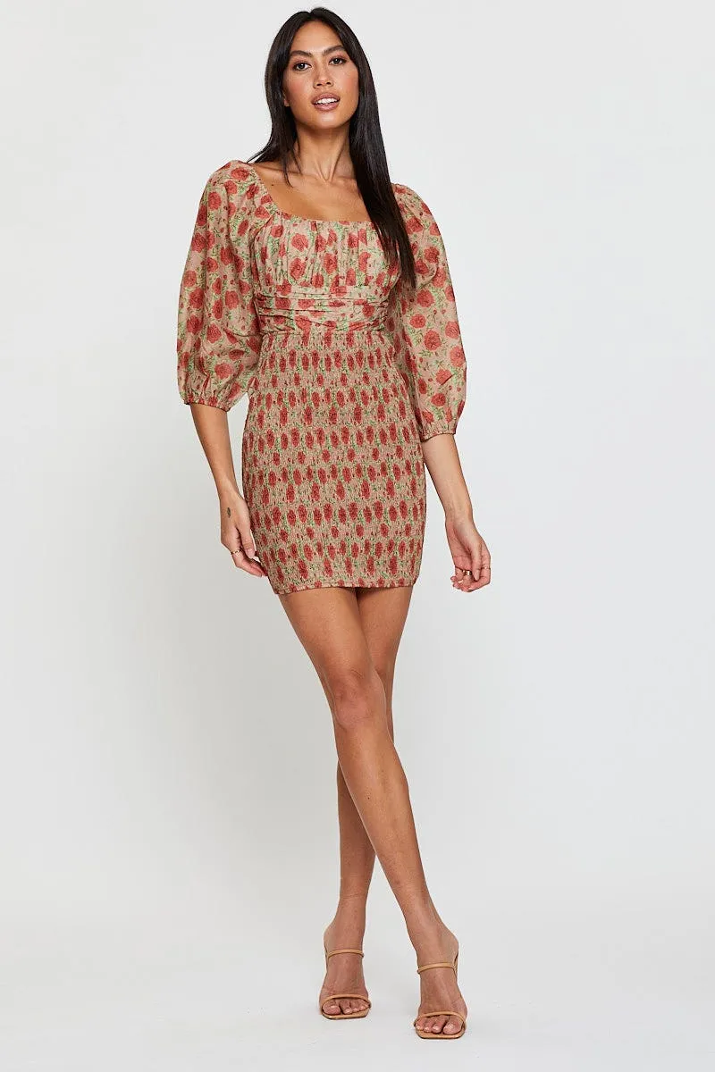 Shiny Tone Print Mini Dress Long Sleeve Bodycon
