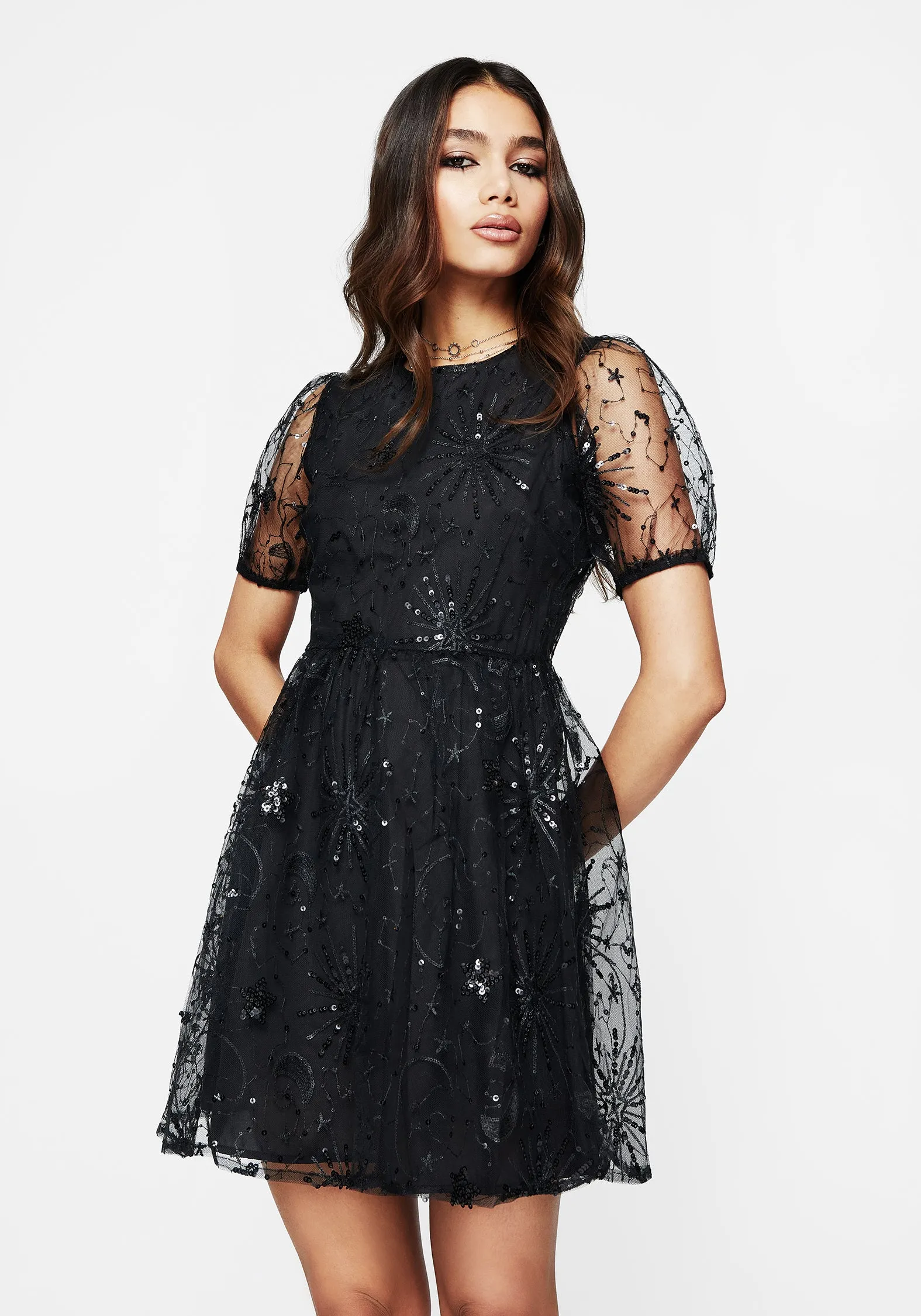 Sirius Sequined Puff Sleeve Mini Dress Sleek Fit