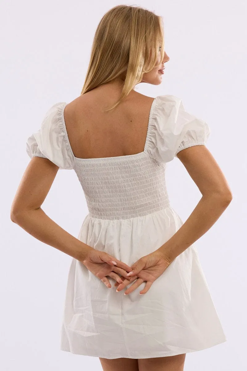 Trend Soft Vibrant color White Mini Dress Ribbon Detail