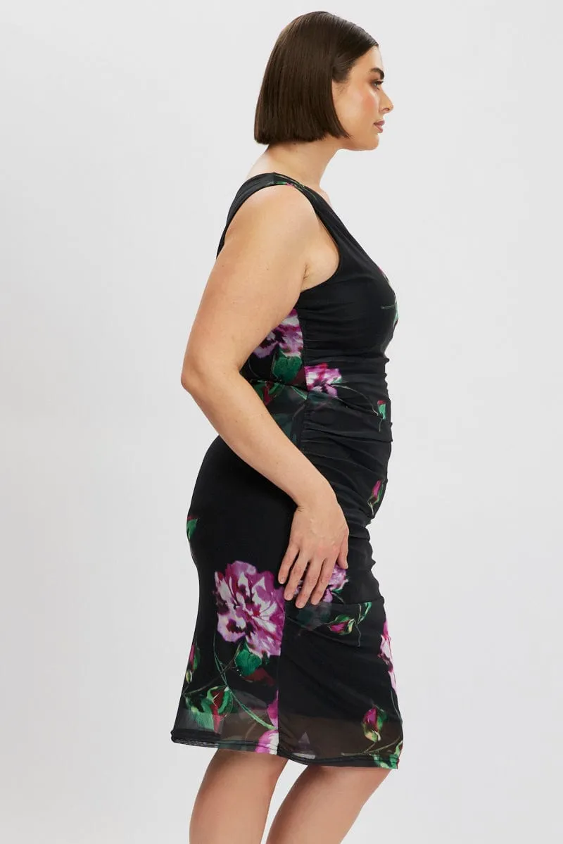 Lasting Joy Black Floral One Shoulder Ruched Midi Dress