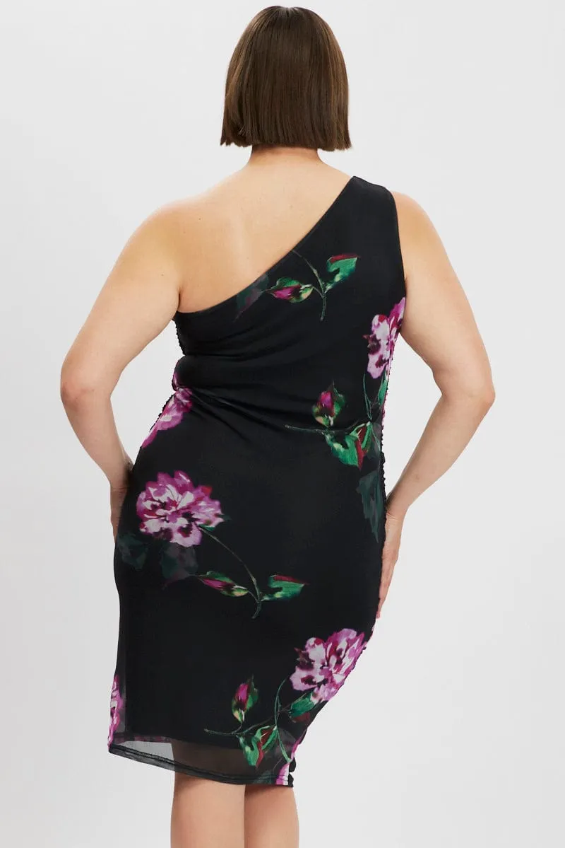 Contemporary Look Black Floral One Shoulder Ruched Midi Dress