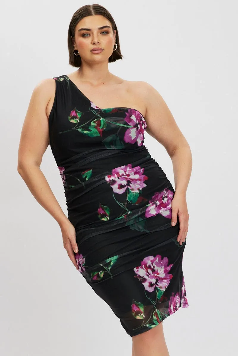 Black Floral One Shoulder Ruched Midi Dress Bead Shine Casual chic midi
