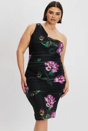 Black Floral One Shoulder Ruched Midi Dress Flight Hall