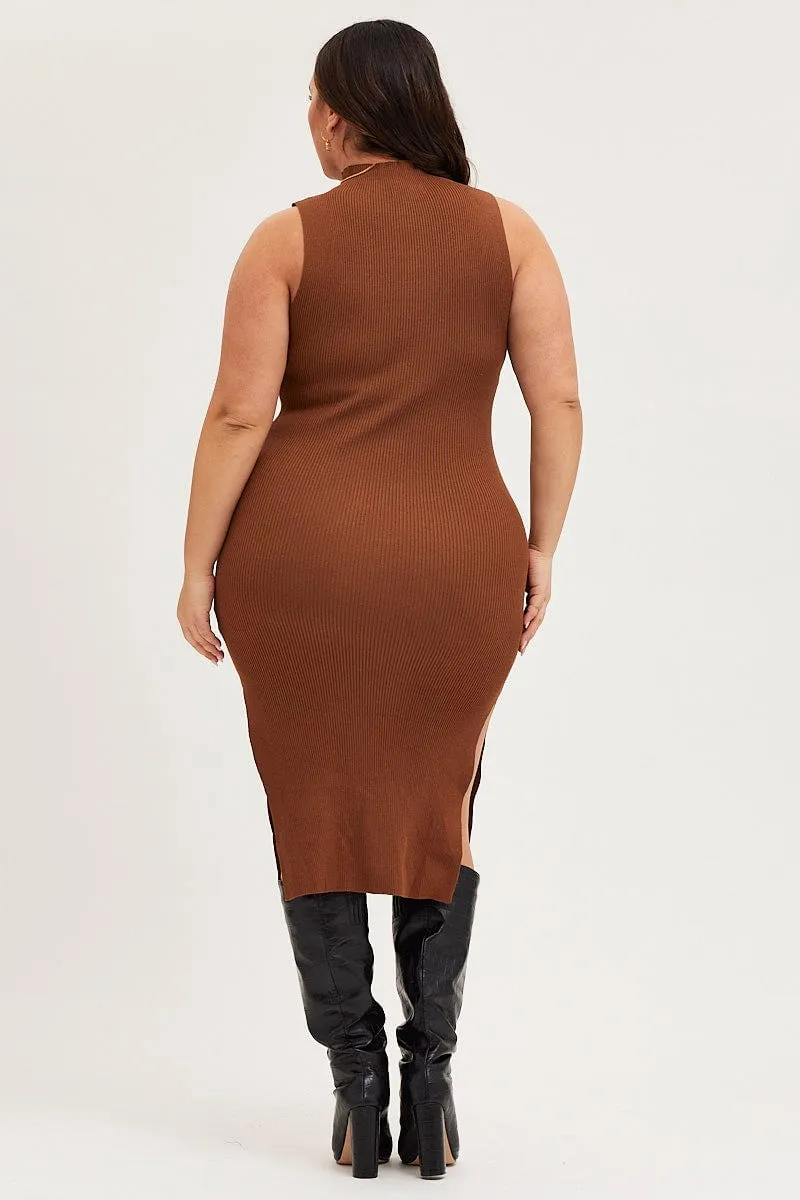 Brass Light Palace View Brown Bodycon Dress Round Neck Sleeveless